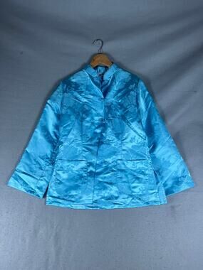 Vintage Clover Chinese Tang Suit Jacket Womens M Blue Satin Floral Jacquard